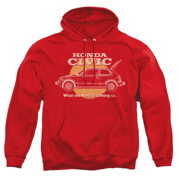 Red pullover hoodie with Honda Civic Coming World graphic