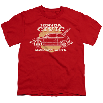 Red youth t-shirt for ages 8 to 12 with Honda Civic Coming World graphic