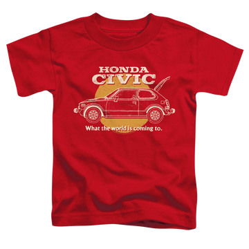 Red toddler t-shirt with Honda Civic Coming World graphic