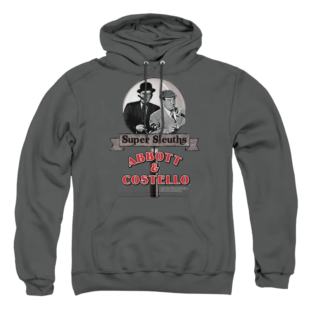 Charcoal pullover hoodie with Abbott and Costello Super Sleuths graphic and red text on front.