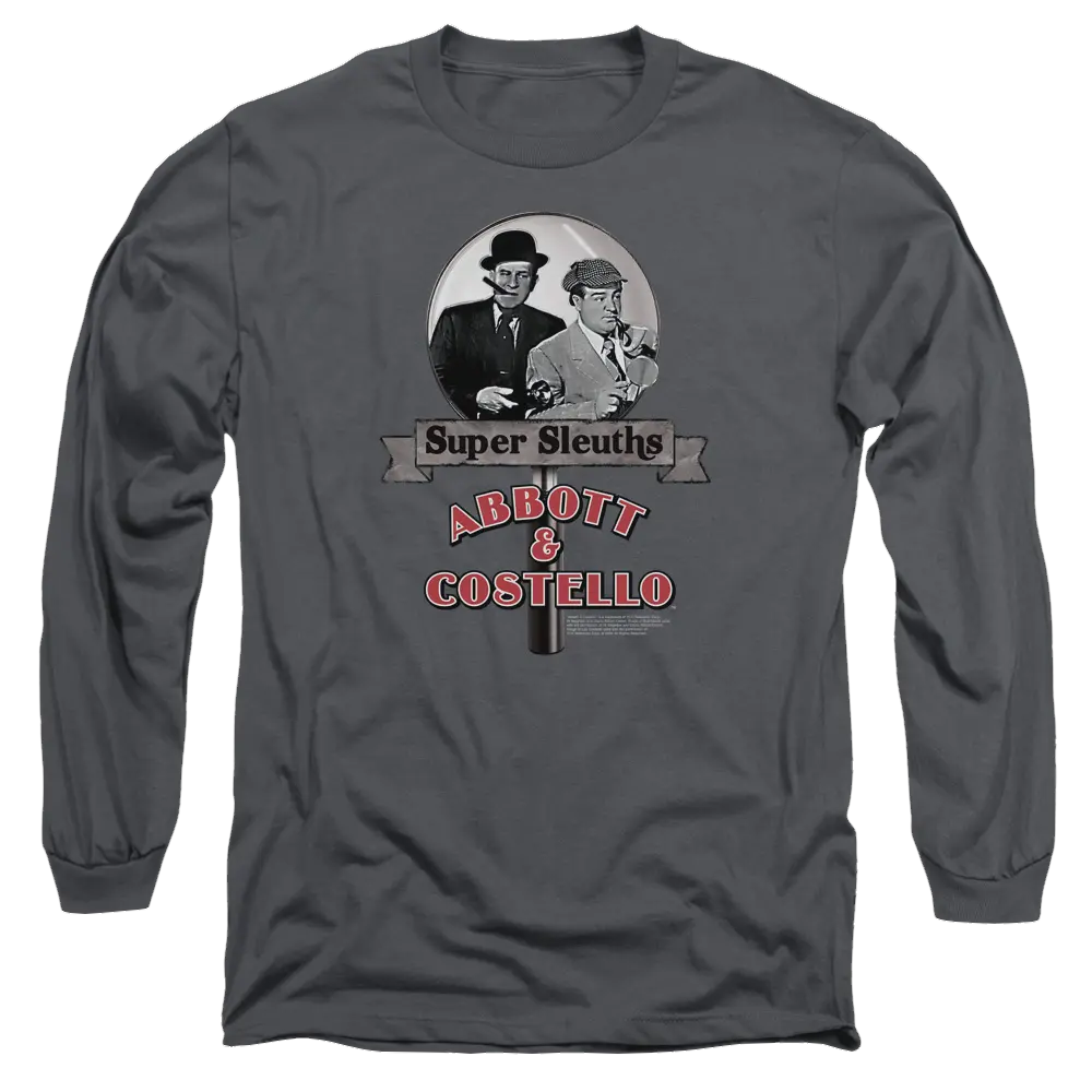 Charcoal long sleeve t-shirt with black and white Abbott and Costello duo graphic and red "Super Sleuths" text on front.