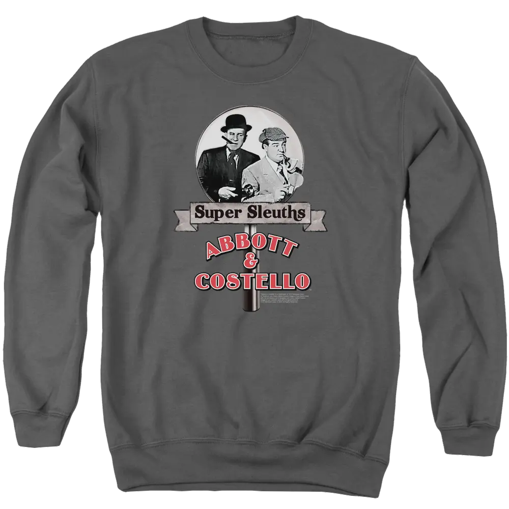 Charcoal crewneck sweatshirt with black-and-white Abbott and Costello illustration and red "Abbott & Costello Super Sleuths" .