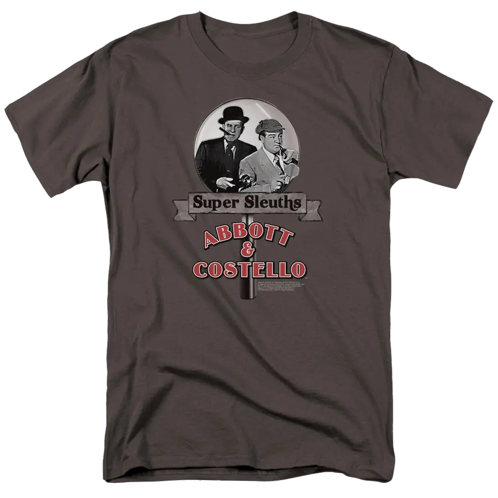 Charcoal men's T-shirt with Abbott and Costello Super Sleuths graphic in black, white, and red.