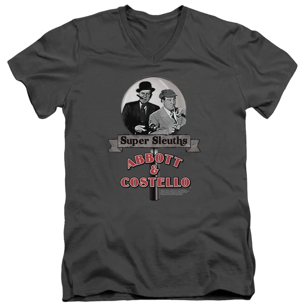 Charcoal men's V-neck T-shirt with Abbott and Costello Super Sleuths graphic in black, white, and red.