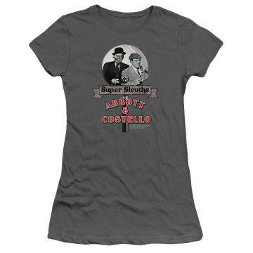 Charcoal juniors fitted T-shirt with black and white Abbott and Costello graphic and red "Abbott & Costello" text below.