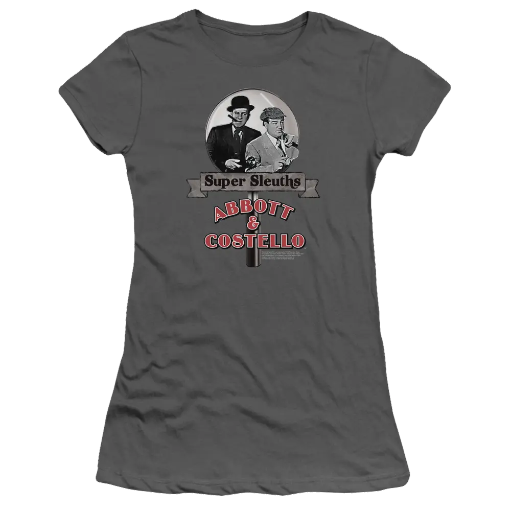 Charcoal juniors fitted T-shirt with black and white Abbott and Costello graphic and red "Abbott & Costello" text below.