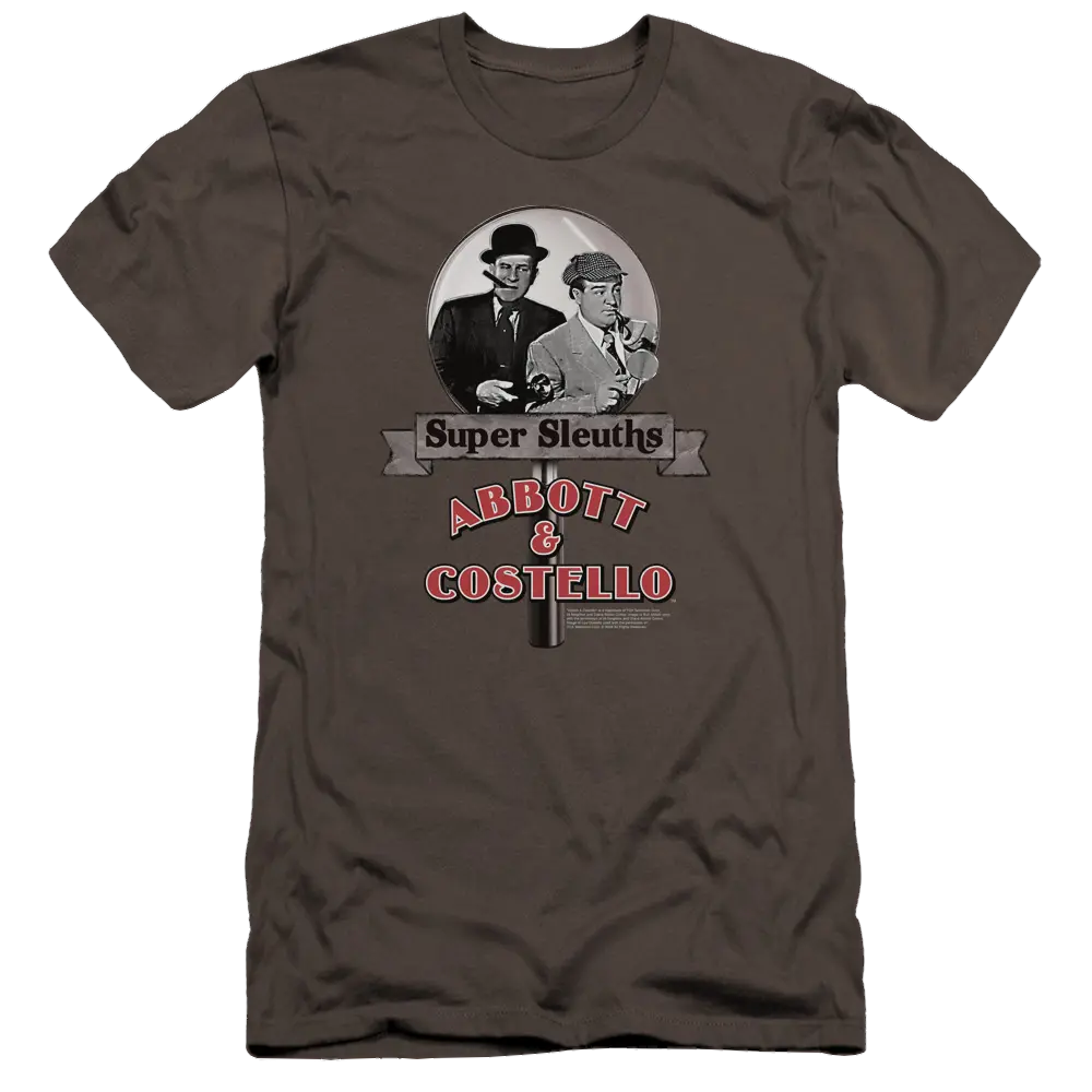 Charcoal slim fit t-shirt with black and white cartoon of Abbott and Costello and vintage "Super Sleuths" text design.