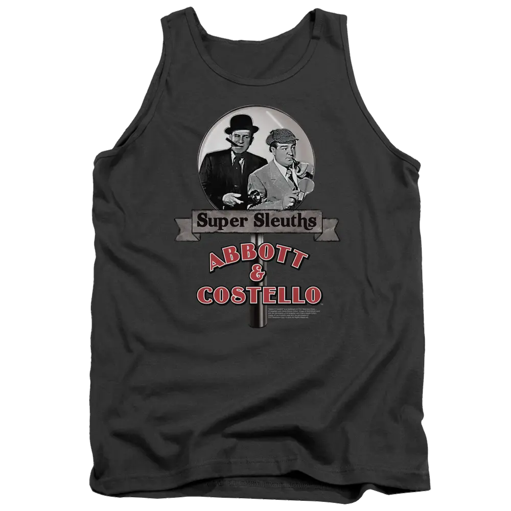 Charcoal men's tank top with vintage black and white photo of Abbott and Costello, red and white "Super Sleuths Abbott &.