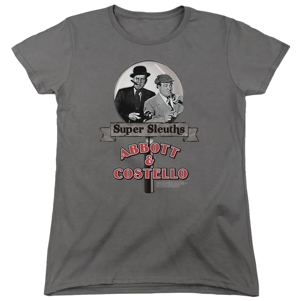 Charcoal women's t-shirt with vintage Abbott and Costello Super Sleuths graphic in black, white, and red.