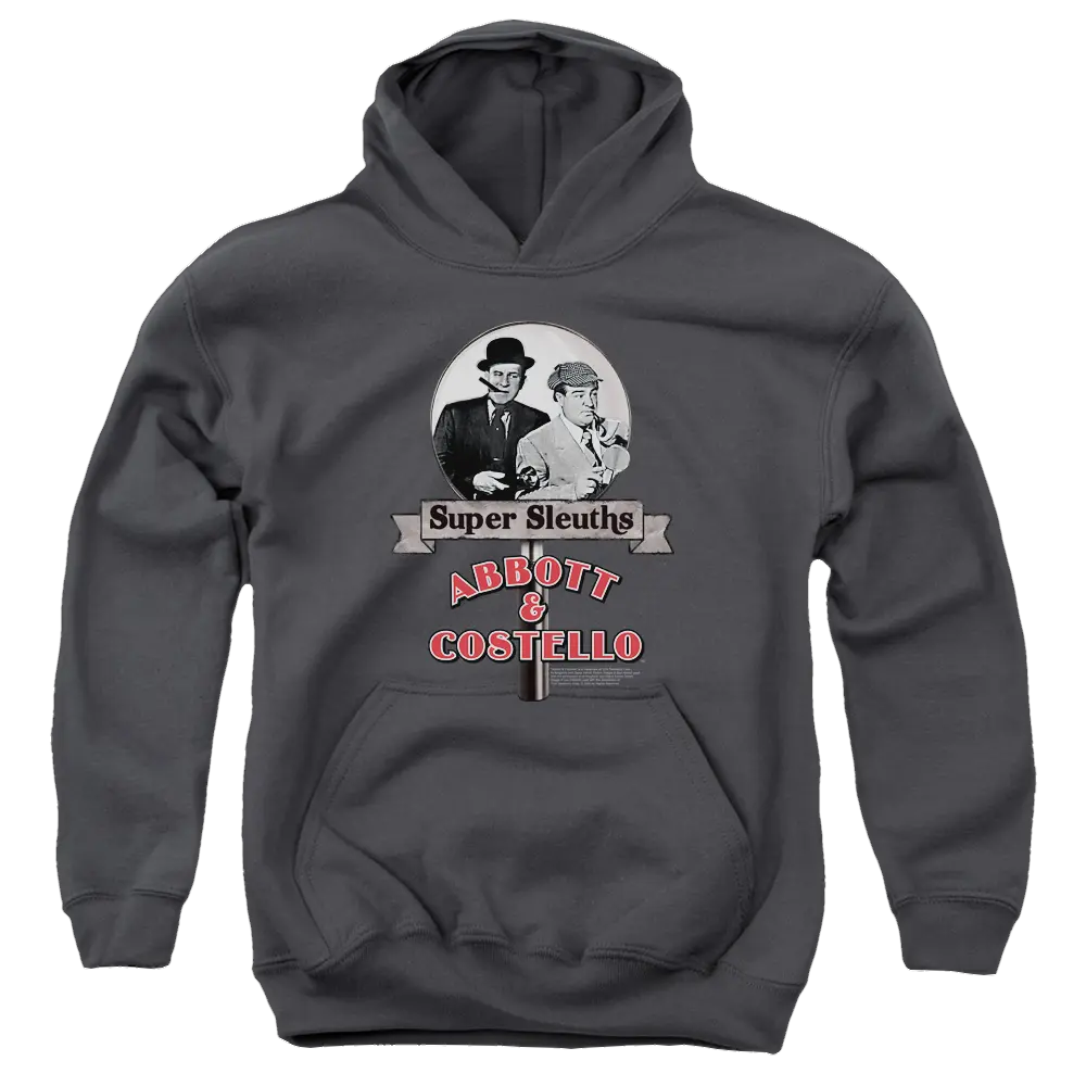 Charcoal youth hoodie with Abbott and Costello Super Sleuths graphic and red text.