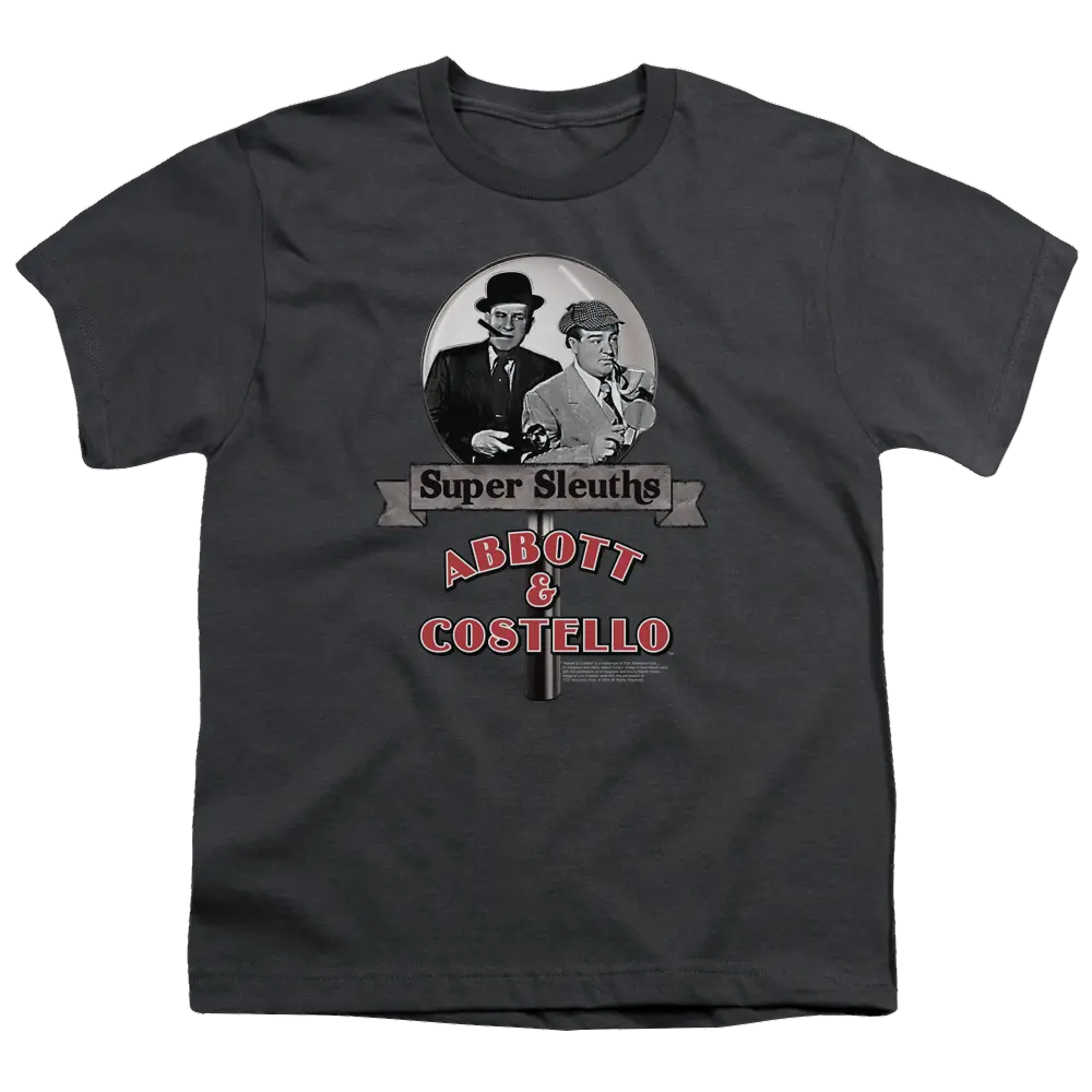 Charcoal youth t-shirt with vintage Abbott and Costello Super Sleuths graphic in black, white, and red.