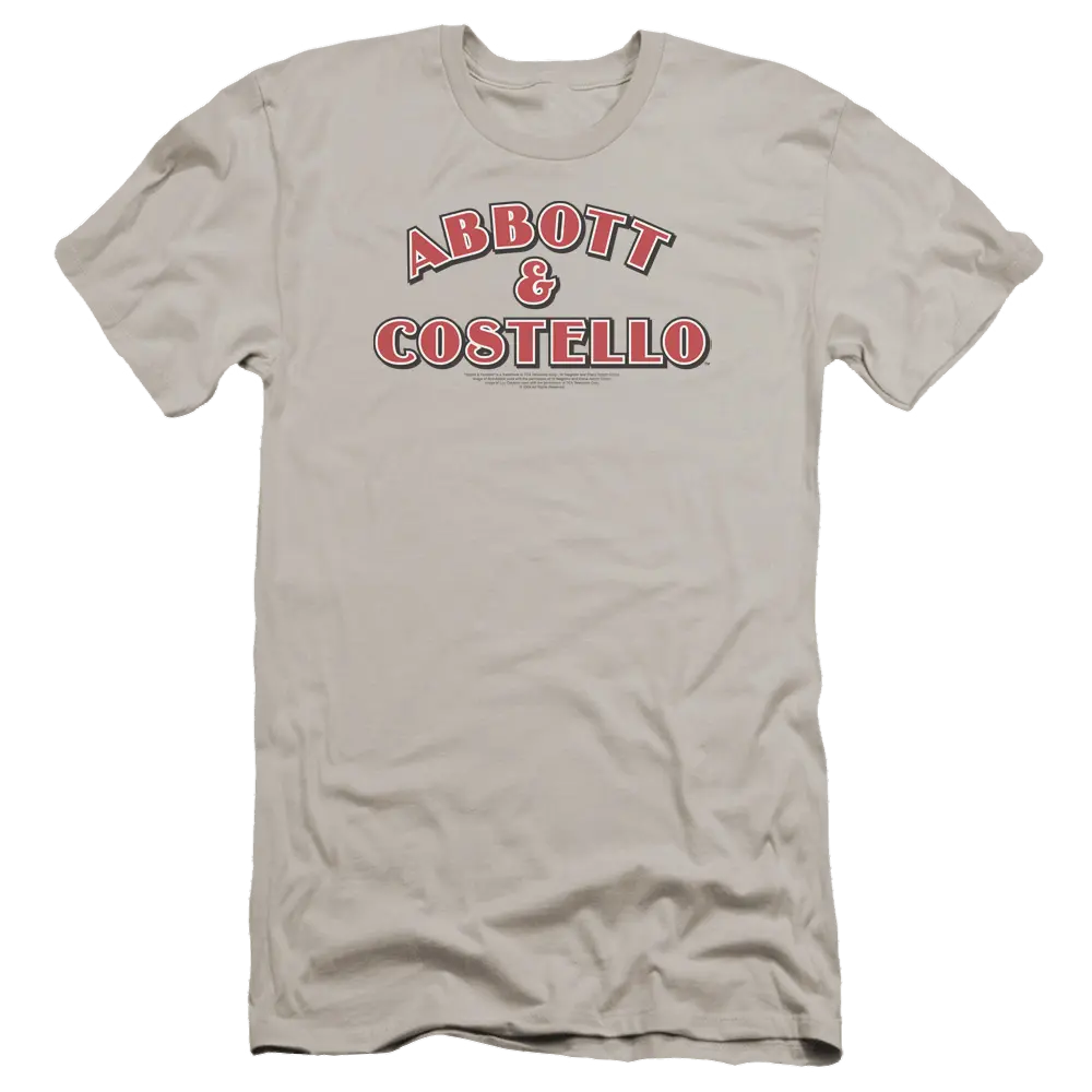 Silver slim-fit crew neck t-shirt with red Abbott & Costello logo text on chest.