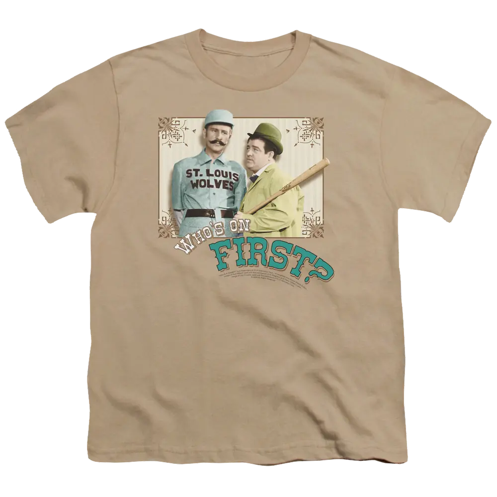 Youth tan t-shirt with vintage Abbott and Costello "Who's On First?" graphic and baseball theme.