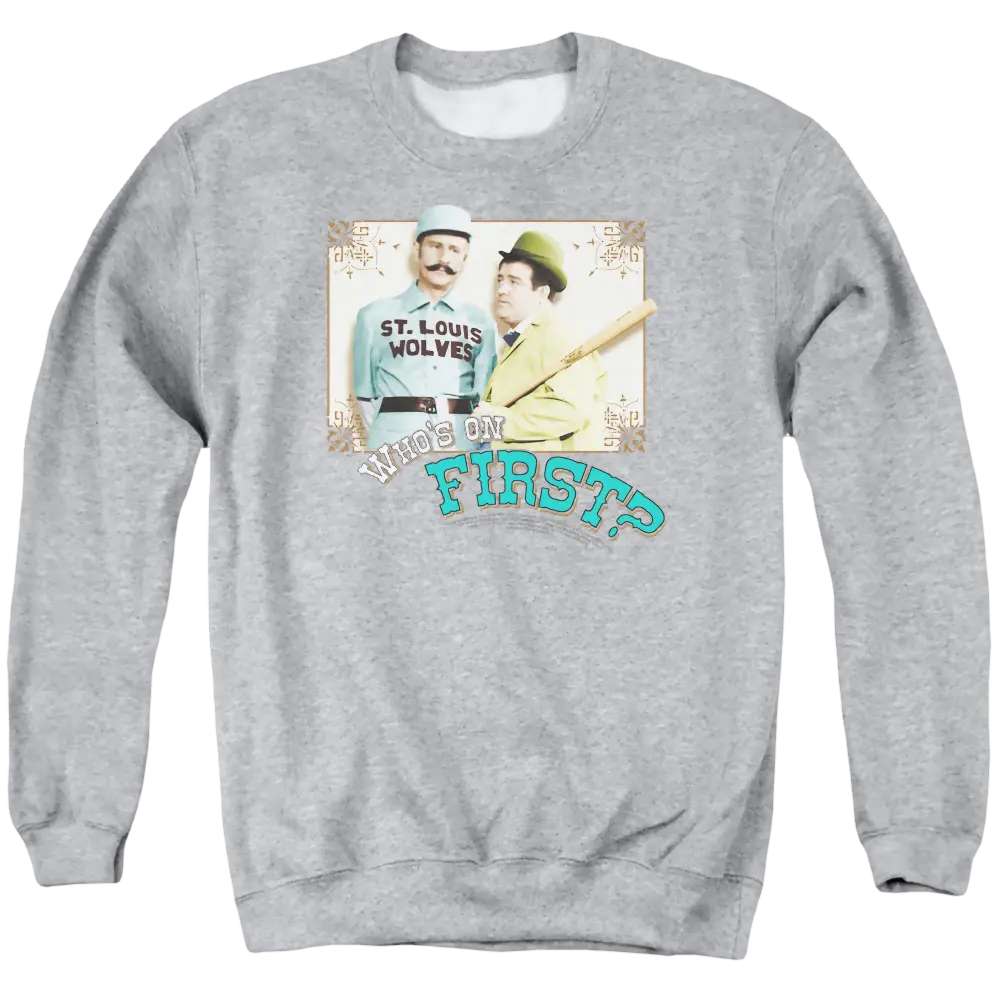 Athletic heather crewneck sweatshirt with vintage Abbott and Costello Who's On First design in teal and beige tones.