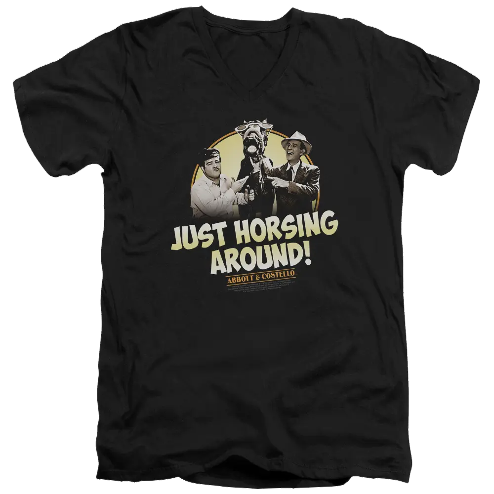 Black men's V-neck t-shirt with Abbott and Costello graphic and "Just Horsing Around!" text.