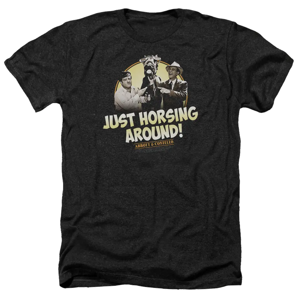 Charcoal heather men's t-shirt with Abbott and Costello "Just Horsing Around!" vintage graphic.