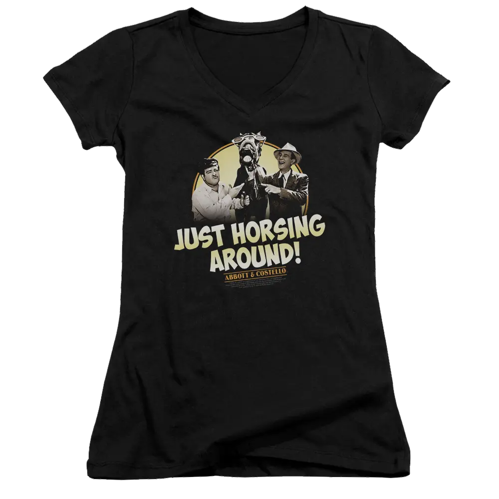 Black juniors V-neck T-shirt with beige and white Abbott and Costello graphic and "Just Horsing Around!" text.