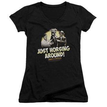 Black juniors V-neck T-shirt with beige and white Abbott and Costello graphic and "Just Horsing Around!" text.