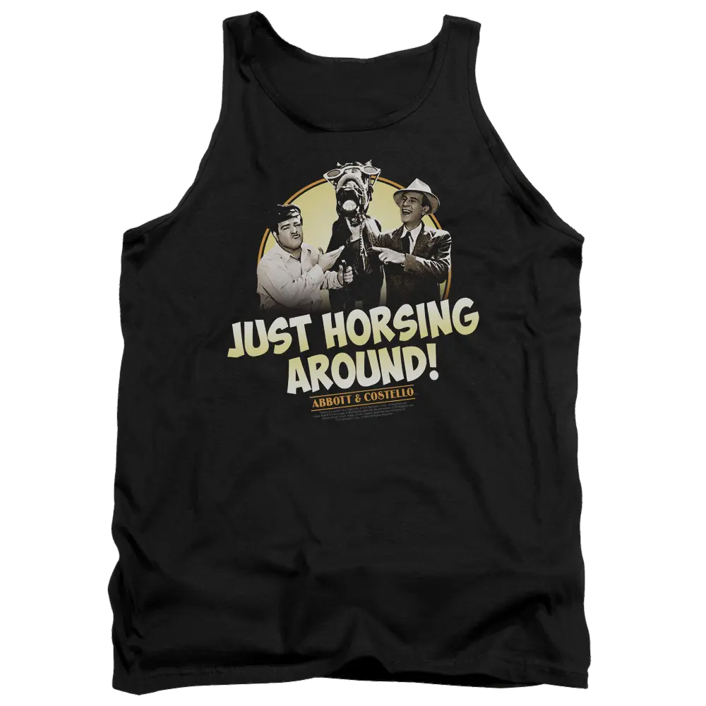 Black men's tank top with vintage Abbott and Costello graphic and text "Just Horsing Around!".