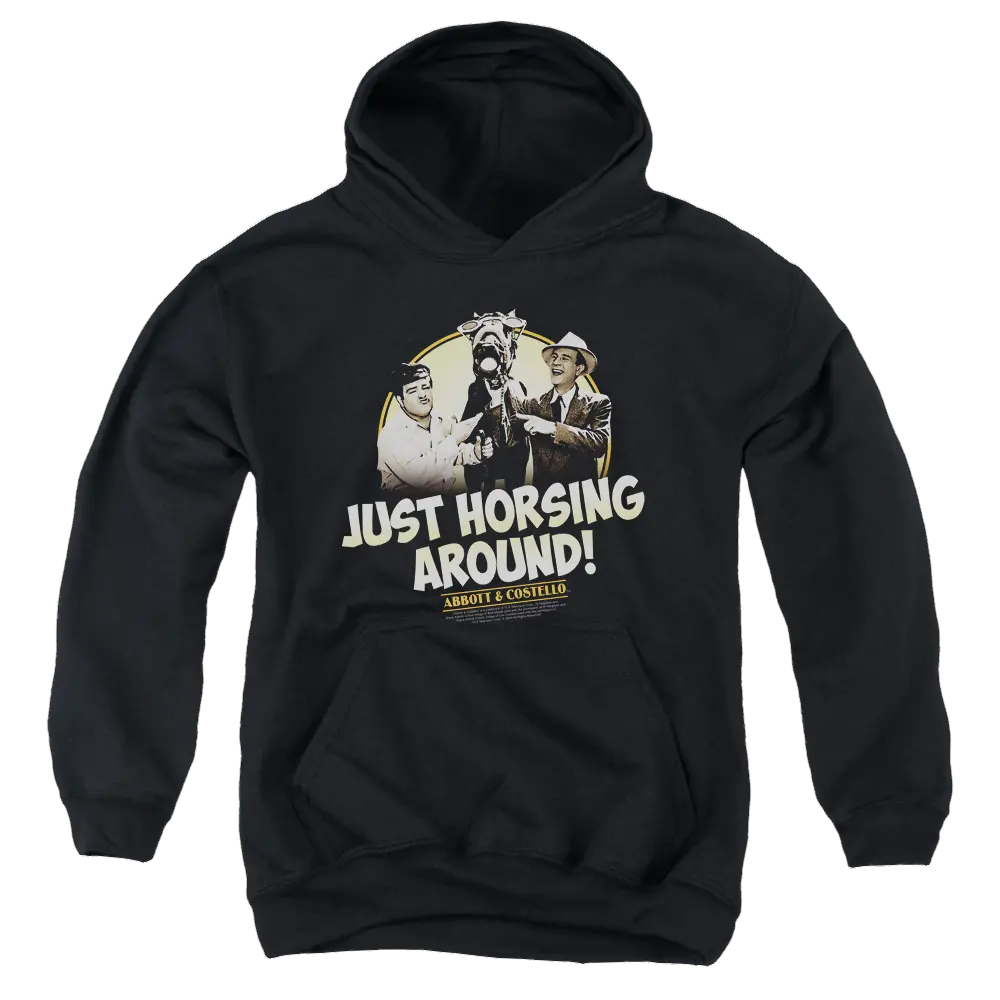 Black youth hoodie with Abbott and Costello graphic and "Just Horsing Around!" text on front.