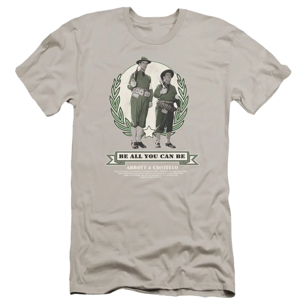 Silver men's slim fit t-shirt with vintage Abbott and Costello black and white graphic and "Be All You Can Be" text.