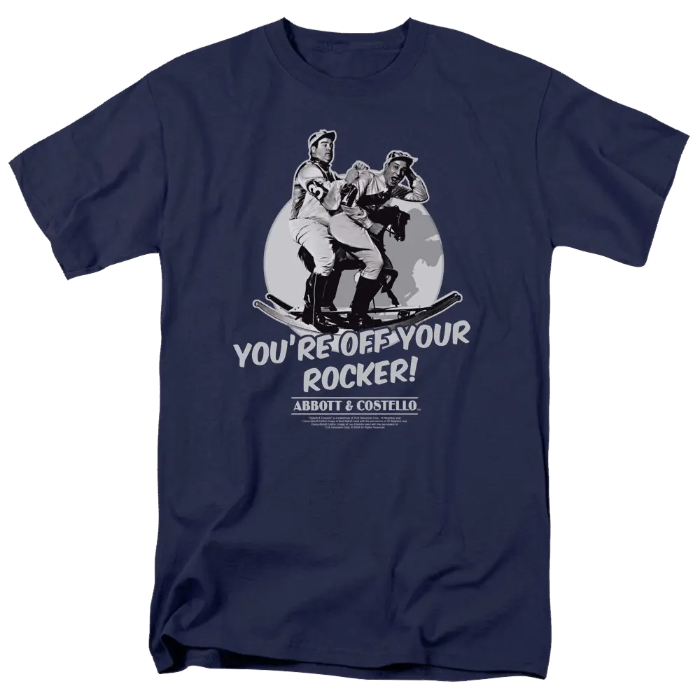 Navy blue men's t-shirt with Abbott and Costello graphic and "You're Off Your Rocker!" text.