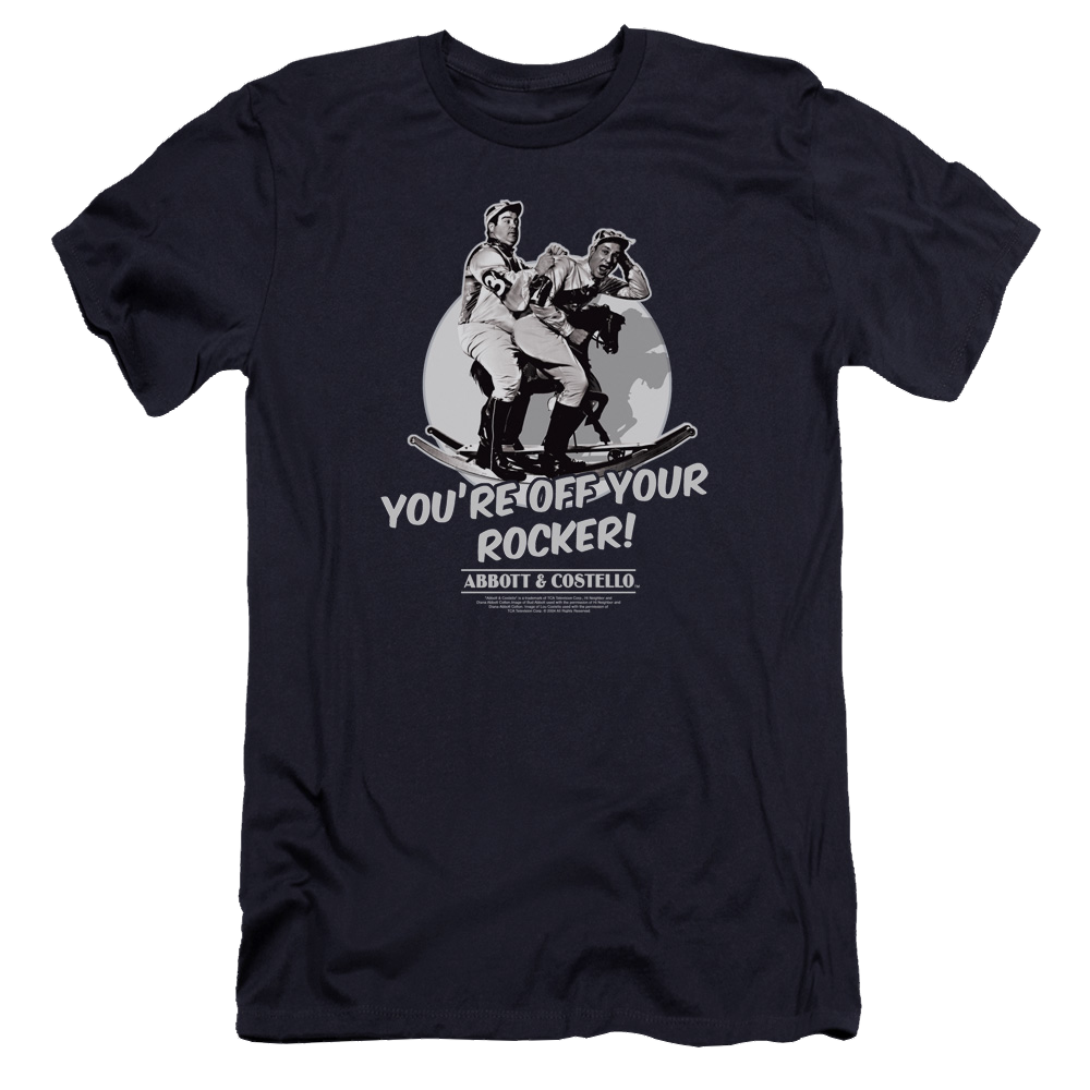 Navy slim fit t-shirt with black-and-white Abbott and Costello graphic and "You're Off Your Rocker!" text.