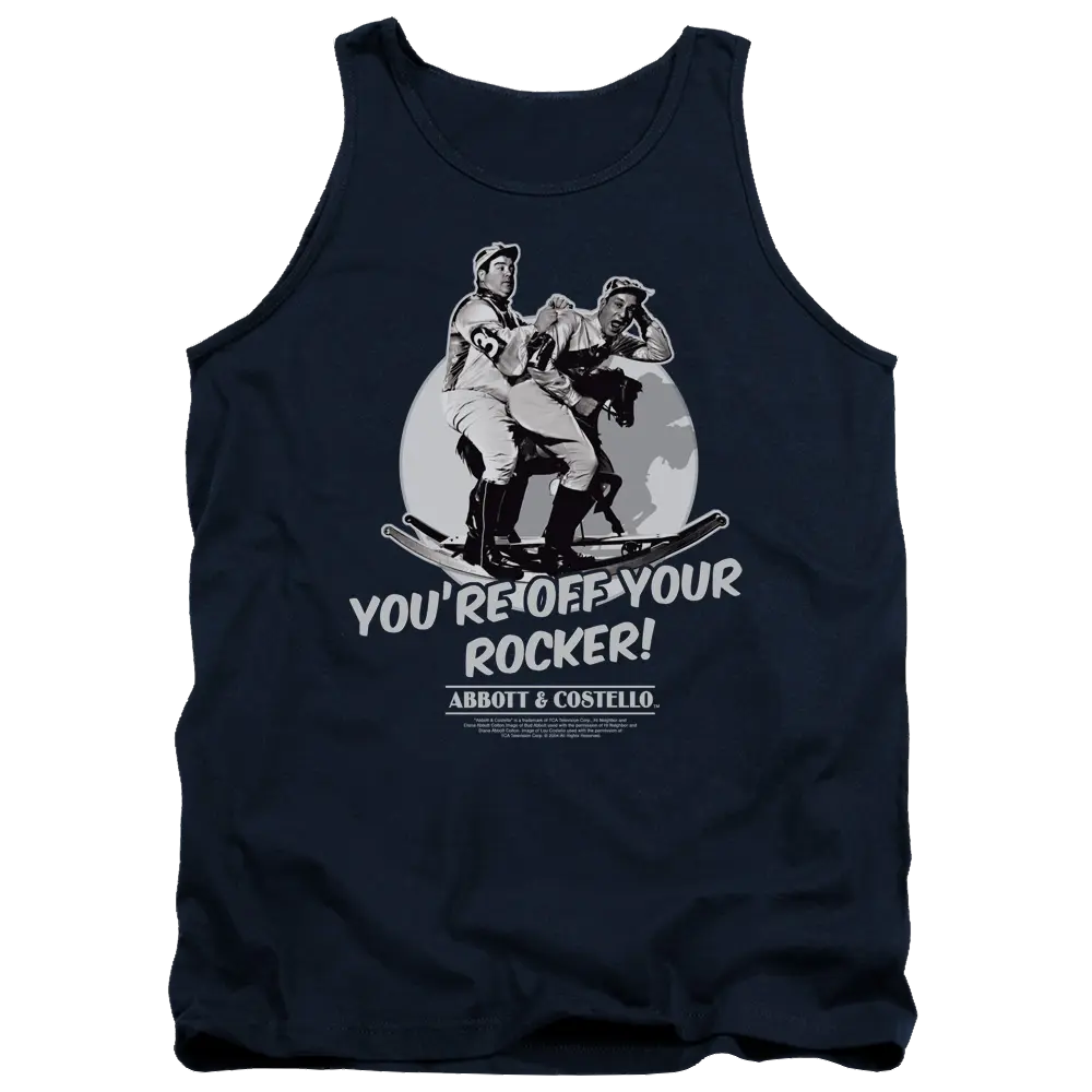 Navy blue men's tank top with vintage Abbott and Costello skating graphic and "You're Off Your Rocker!" text.