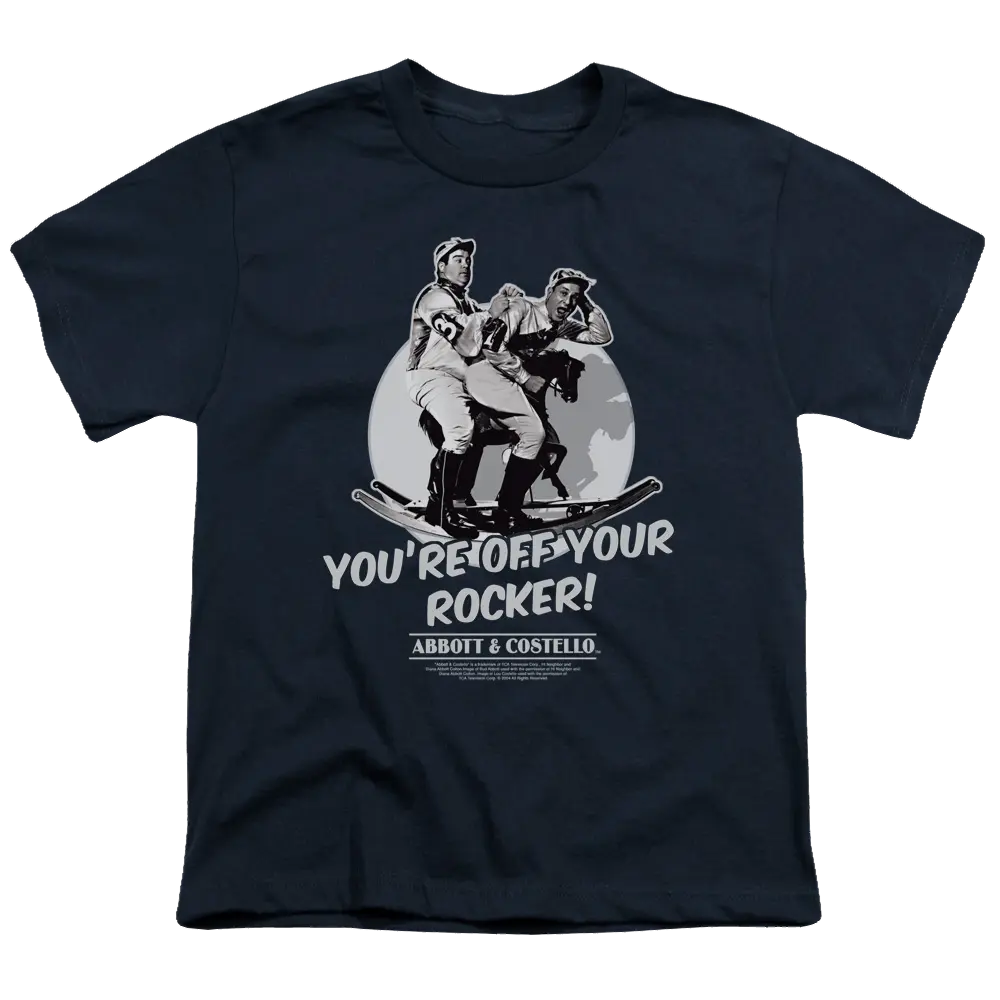 Navy youth t-shirt with vintage Abbott and Costello graphic and "You're Off Your Rocker!" text.