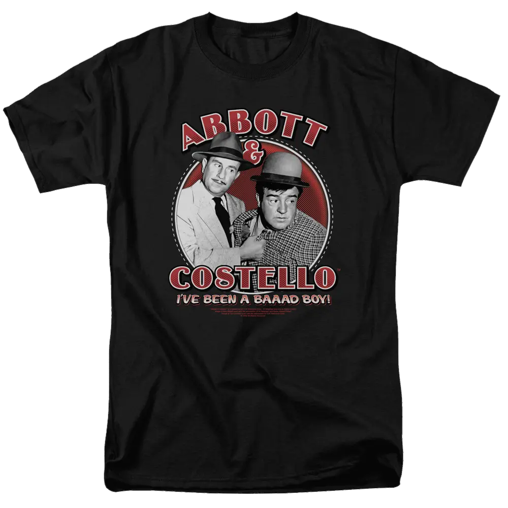 Black men's t-shirt with Abbott and Costello graphic and "I've Been a Bad Boy" text in red and white.