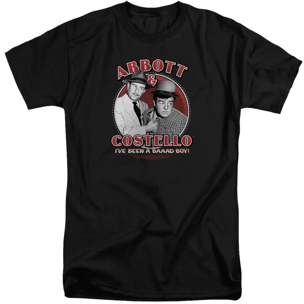 Black men's tall fit t-shirt featuring red and white Abbott and Costello graphic with vintage portrait and text.