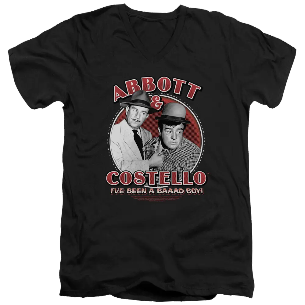 Black men's V-neck t-shirt with vintage Abbott and Costello graphic and red text "I've Been a Bad Boy".