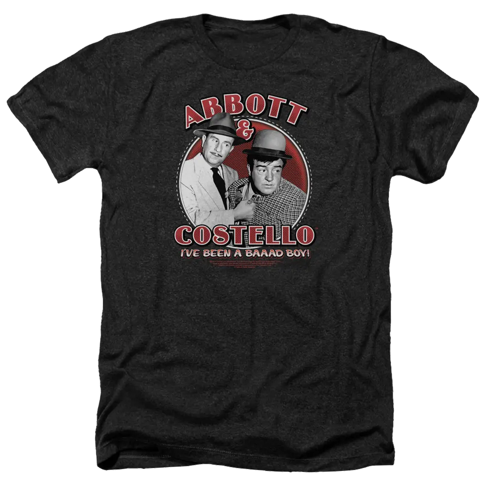 Charcoal men's heather t-shirt featuring vintage Abbott and Costello graphic with "I've Been a Bad Boy" text.