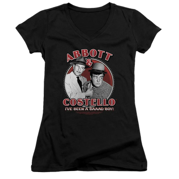Black juniors V-neck t-shirt featuring Abbott and Costello graphic with red and white text and vintage photo design.