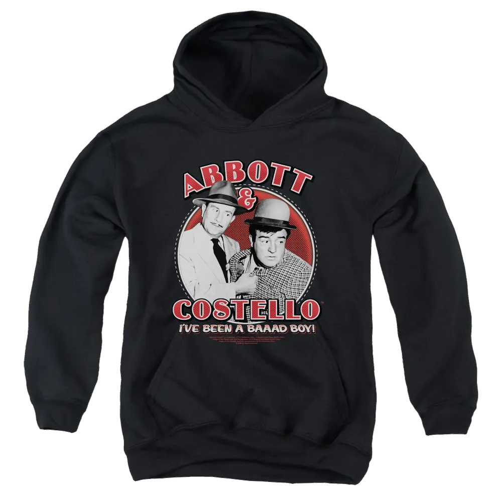 Black youth hoodie featuring Abbott and Costello graphic with "I've Been a Bad Boy" text in red and white.