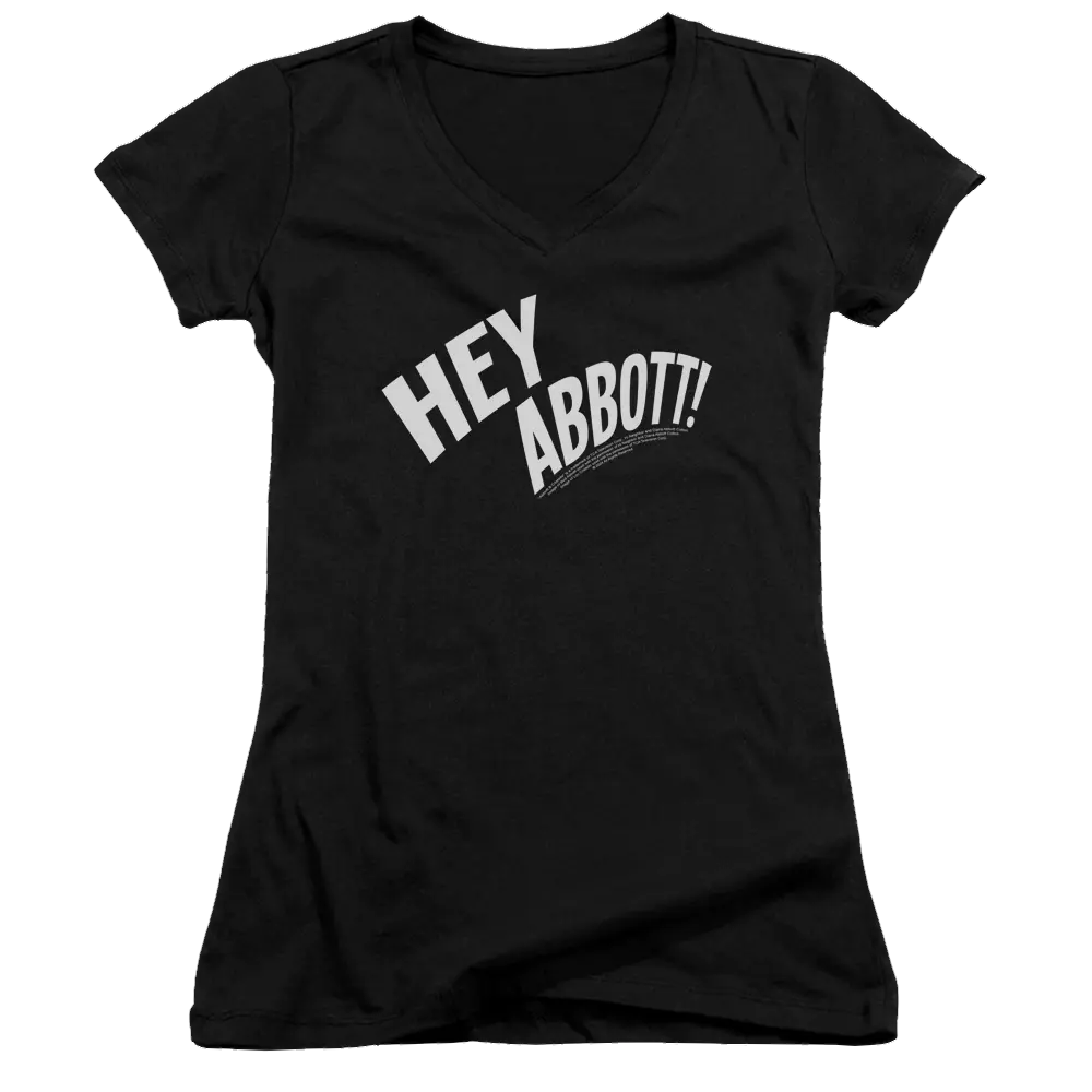 Black juniors V-neck t-shirt with white "Hey Abbott!" text on front.