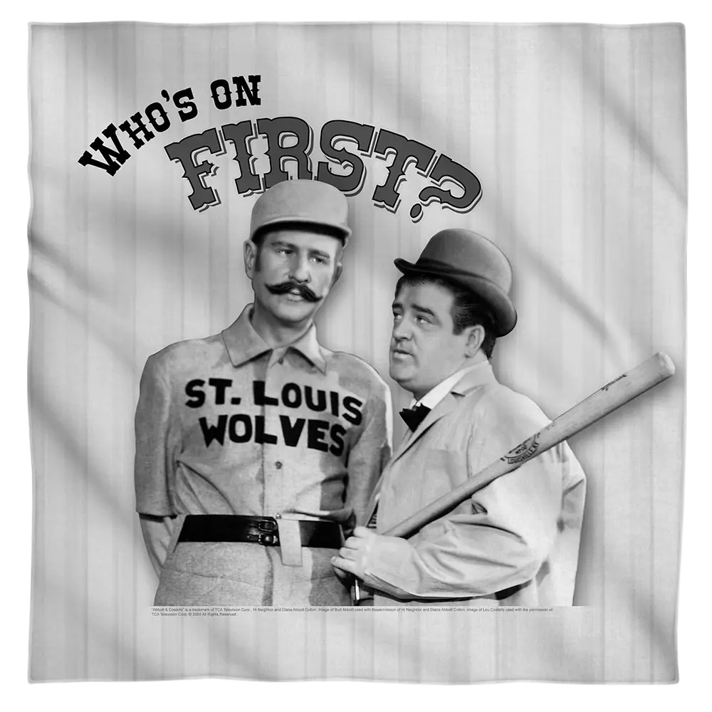 Black and white bandana featuring Abbott & Costello with "Who's on First?" text and St. Louis Wolves baseball theme.