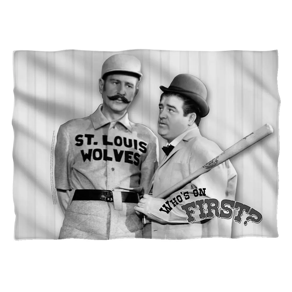 Black and white pillowcase featuring Abbott & Costello in vintage baseball uniforms with "St.