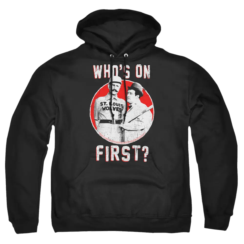 Black pullover hoodie with Abbott and Costello graphic and "Who's On First?" text.