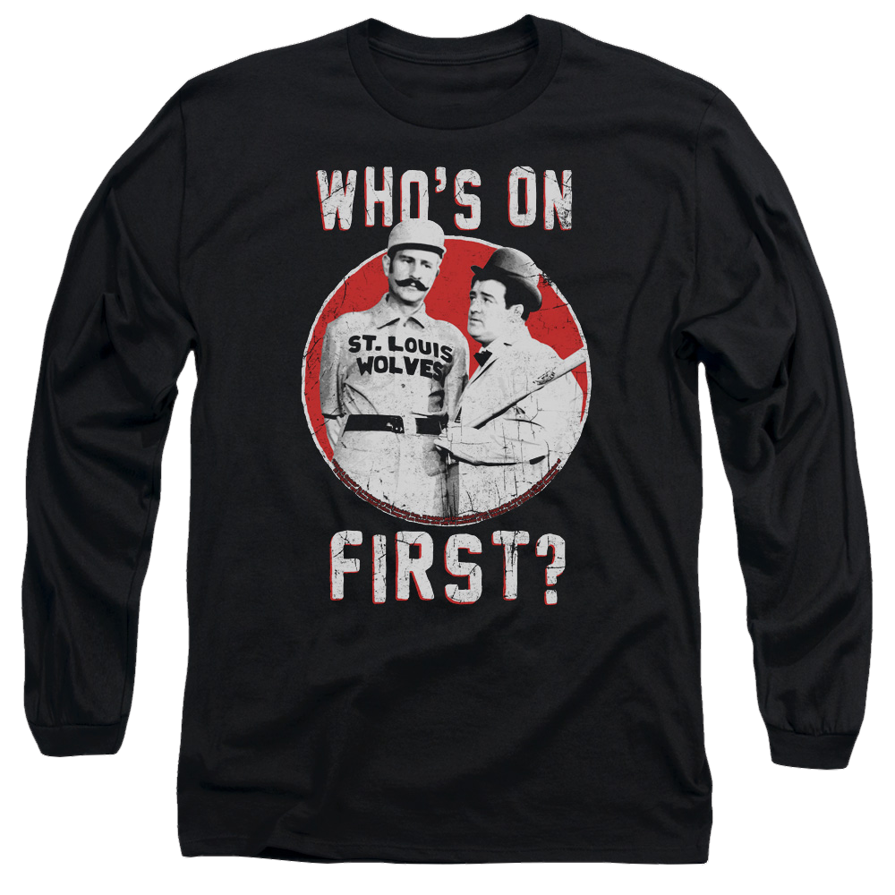 Black long sleeve t-shirt with vintage Abbott and Costello "Who's On First?" graphic and red circle background.