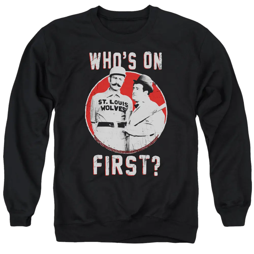 Black crewneck sweatshirt with vintage Abbott and Costello baseball graphic and white "Who's On First?" text.