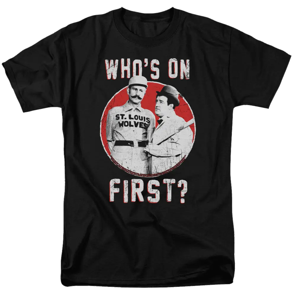 Black men's regular fit t-shirt with vintage Abbott and Costello "Who's on First?" graphic in white and red.