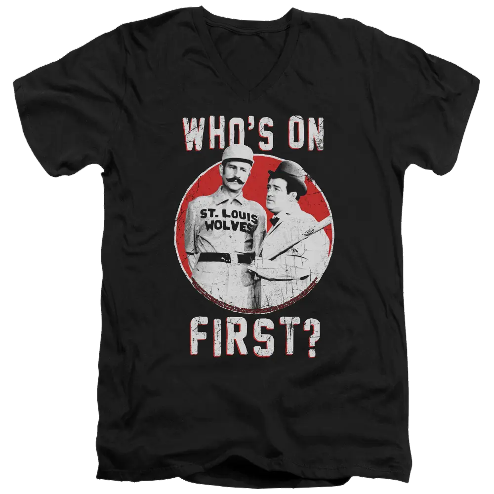 Black men's V-neck t-shirt featuring vintage Abbott and Costello "Who's on First?" baseball graphic in white and red.