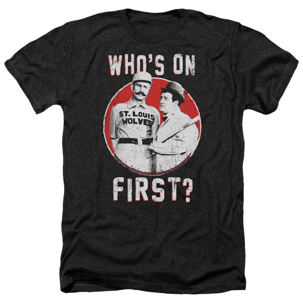 Charcoal men's heather t-shirt with vintage Abbott and Costello "Who's On First?" graphic in red and white.