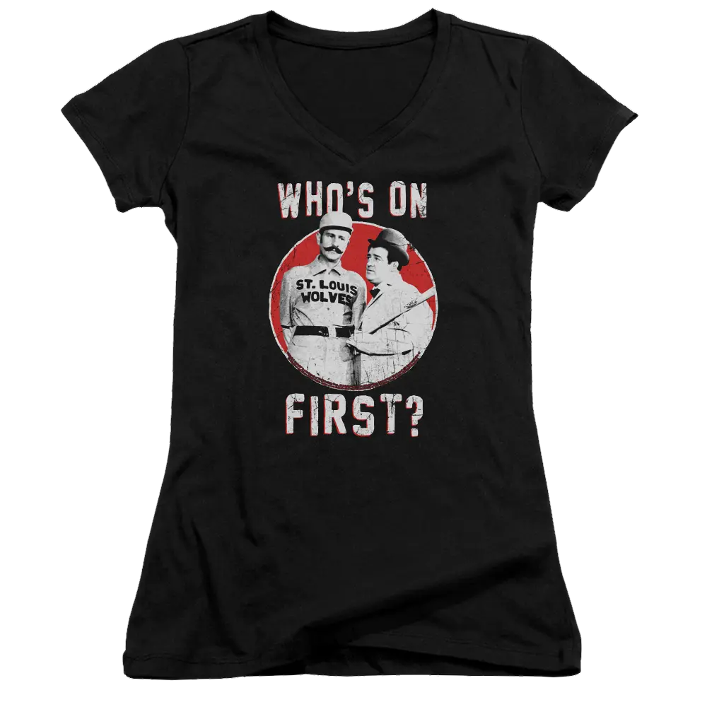 Black juniors v-neck t-shirt with Abbott and Costello cartoon and "Who's on First?" text.