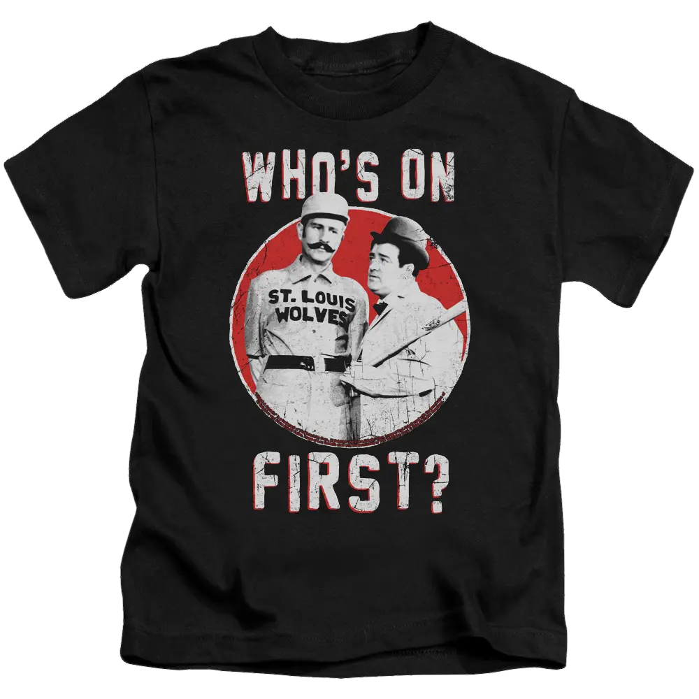 Black kid's t-shirt featuring vintage Abbott and Costello graphic with "Who's On First?" text in white and red accents.