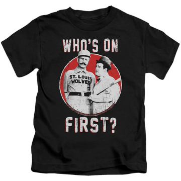 Black kid's t-shirt featuring vintage Abbott and Costello graphic with "Who's On First?" text in white and red accents.