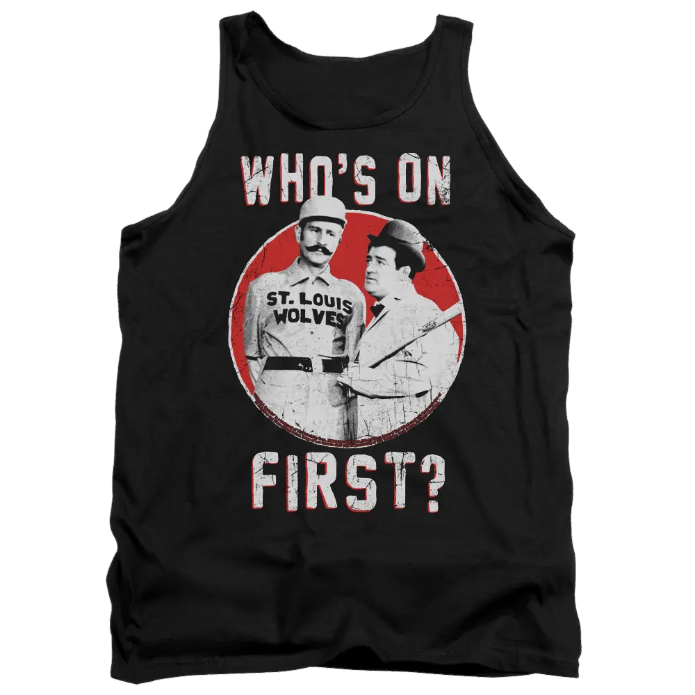 Black men's tank top with vintage-style Abbott and Costello baseball graphic and "Who's On First?" text.