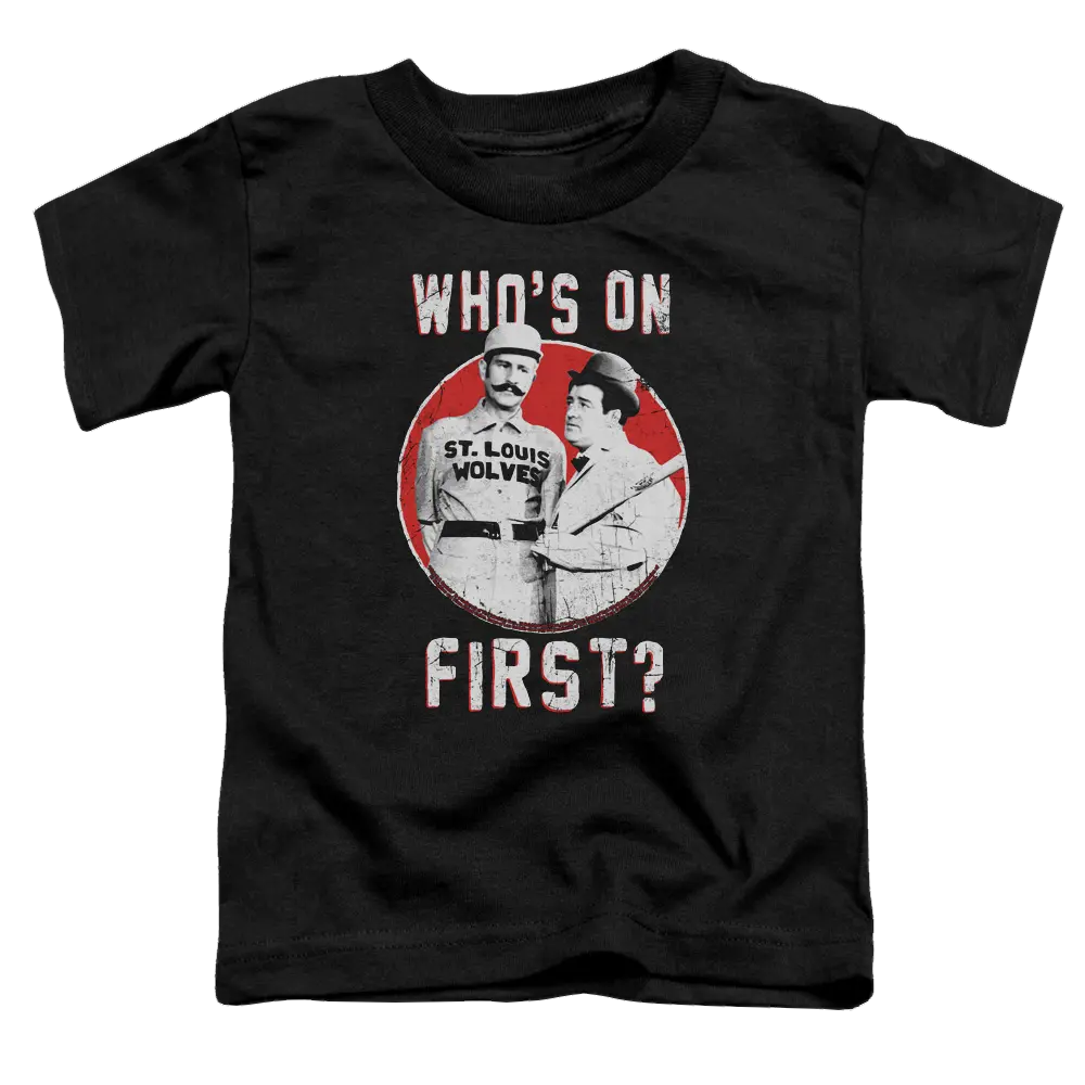Black toddler t-shirt with vintage Abbott and Costello comic graphic and text "Who's on First?".