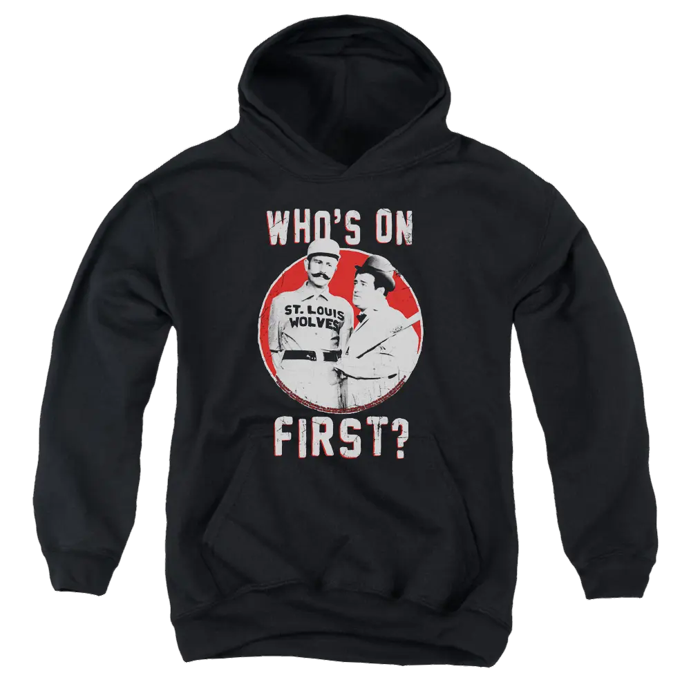 Black youth hoodie with Abbott and Costello "Who's On First?" graphic and red accents.